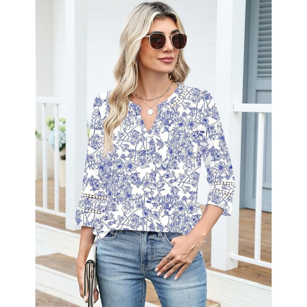 Womens Lace Embroidered V Neck Tunic Top Summer Casual Loose Fit - Picture 3 of 5